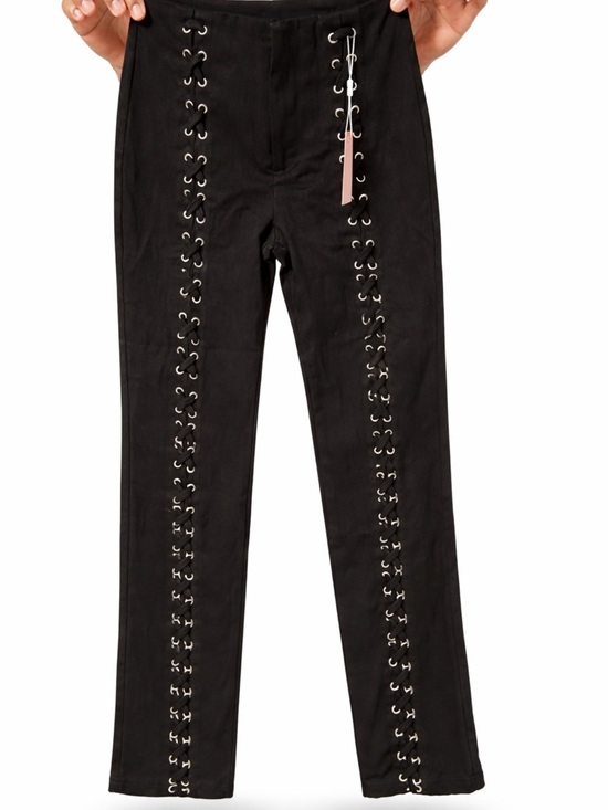 Miss Lola Pants - Miss Lola Black Straight-Leg Lace-Up Jeans